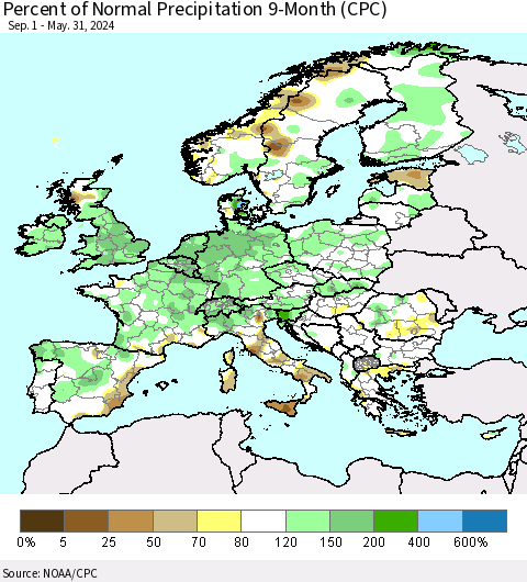 Europe Percent of Normal Precipitation 9-Month (CPC) Thematic Map For 9/1/2023 - 5/31/2024