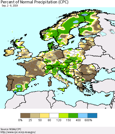 Europe Percent of Normal Precipitation (CPC) Thematic Map For 9/2/2019 - 9/8/2019