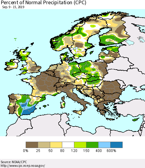 Europe Percent of Normal Precipitation (CPC) Thematic Map For 9/9/2019 - 9/15/2019