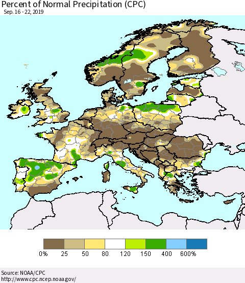 Europe Percent of Normal Precipitation (CPC) Thematic Map For 9/16/2019 - 9/22/2019