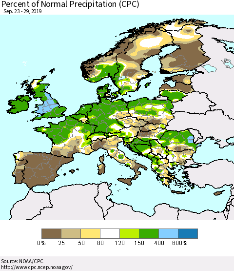 Europe Percent of Normal Precipitation (CPC) Thematic Map For 9/23/2019 - 9/29/2019