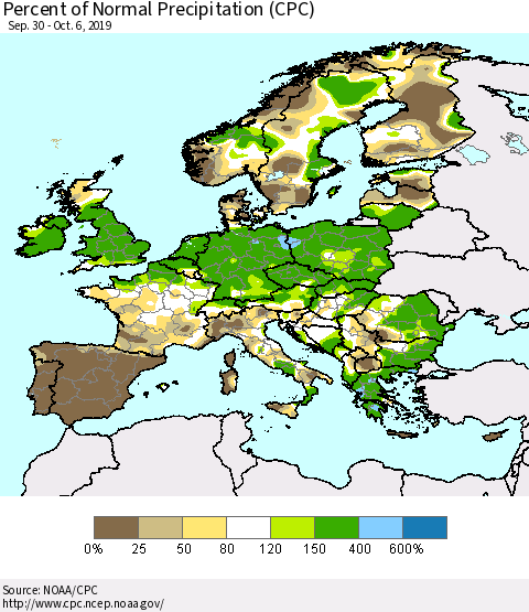 Europe Percent of Normal Precipitation (CPC) Thematic Map For 9/30/2019 - 10/6/2019