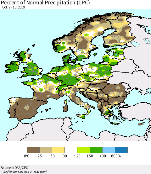 Europe Percent of Normal Precipitation (CPC) Thematic Map For 10/7/2019 - 10/13/2019