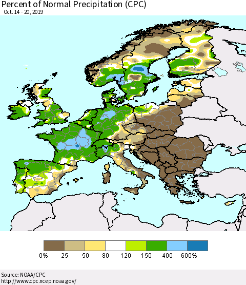 Europe Percent of Normal Precipitation (CPC) Thematic Map For 10/14/2019 - 10/20/2019