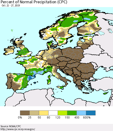 Europe Percent of Normal Precipitation (CPC) Thematic Map For 10/21/2019 - 10/27/2019