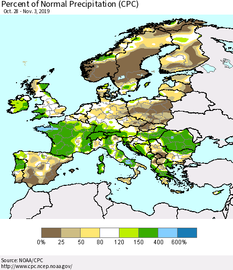 Europe Percent of Normal Precipitation (CPC) Thematic Map For 10/28/2019 - 11/3/2019