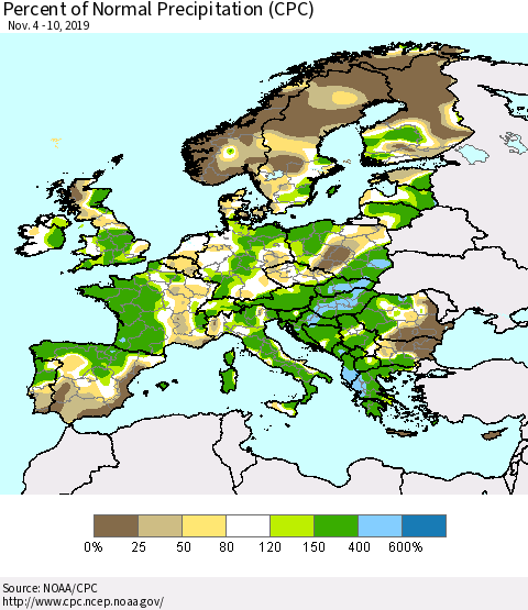 Europe Percent of Normal Precipitation (CPC) Thematic Map For 11/4/2019 - 11/10/2019