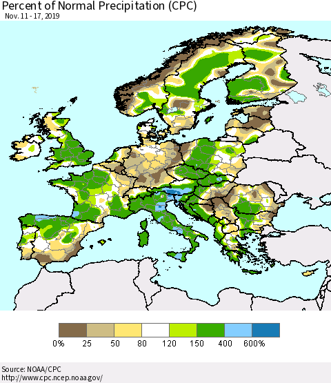 Europe Percent of Normal Precipitation (CPC) Thematic Map For 11/11/2019 - 11/17/2019
