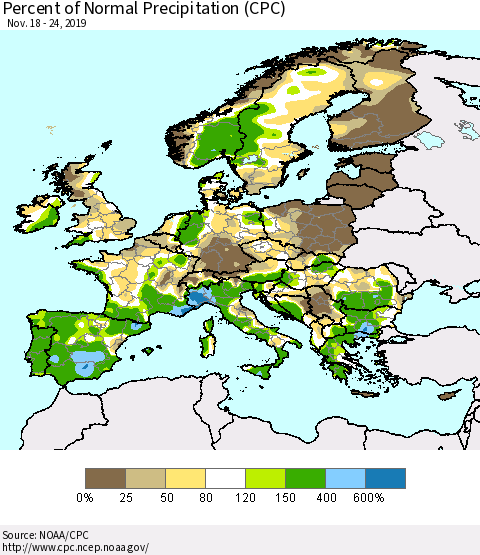 Europe Percent of Normal Precipitation (CPC) Thematic Map For 11/18/2019 - 11/24/2019