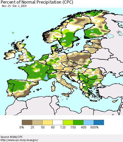 Europe Percent of Normal Precipitation (CPC) Thematic Map For 11/25/2019 - 12/1/2019