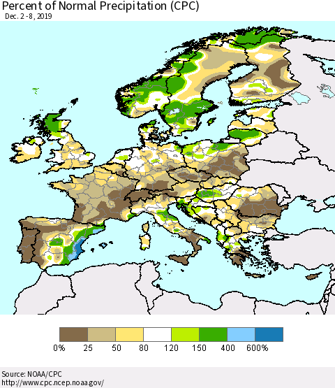 Europe Percent of Normal Precipitation (CPC) Thematic Map For 12/2/2019 - 12/8/2019