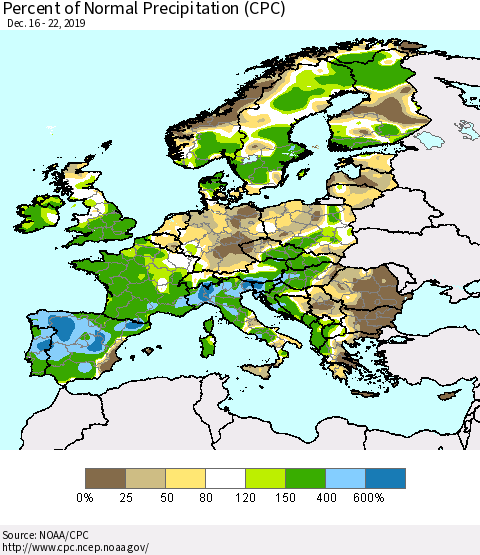 Europe Percent of Normal Precipitation (CPC) Thematic Map For 12/16/2019 - 12/22/2019