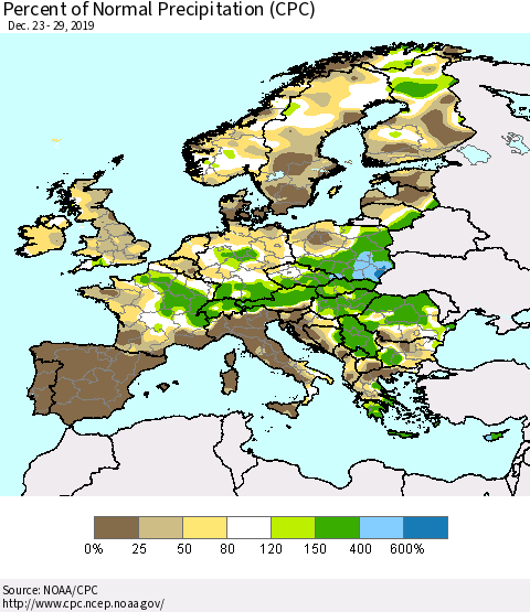 Europe Percent of Normal Precipitation (CPC) Thematic Map For 12/23/2019 - 12/29/2019
