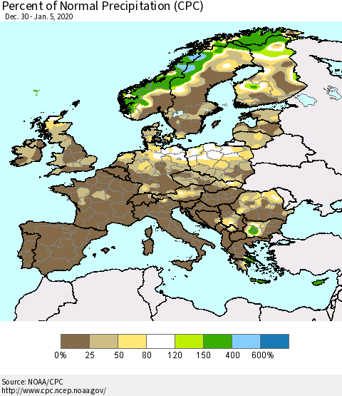 Europe Percent of Normal Precipitation (CPC) Thematic Map For 12/30/2019 - 1/5/2020