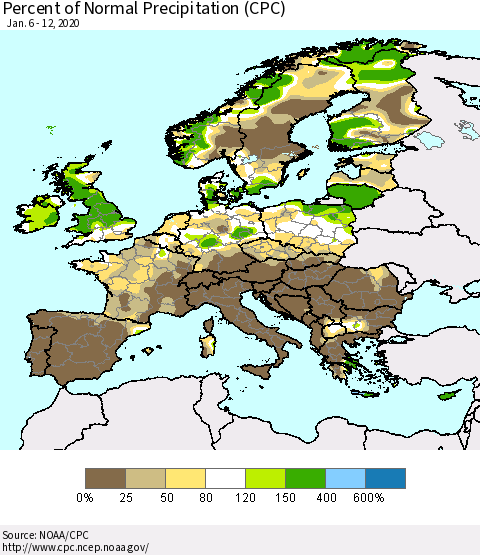 Europe Percent of Normal Precipitation (CPC) Thematic Map For 1/6/2020 - 1/12/2020