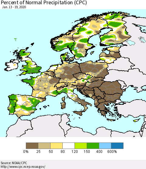 Europe Percent of Normal Precipitation (CPC) Thematic Map For 1/13/2020 - 1/19/2020