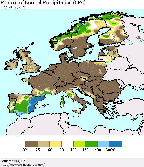 Europe Percent of Normal Precipitation (CPC) Thematic Map For 1/20/2020 - 1/26/2020