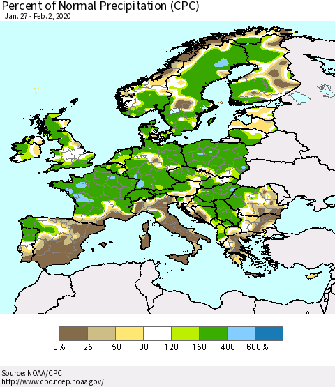 Europe Percent of Normal Precipitation (CPC) Thematic Map For 1/27/2020 - 2/2/2020