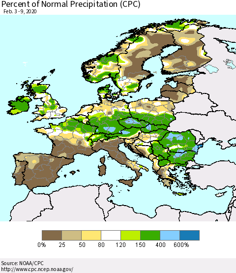 Europe Percent of Normal Precipitation (CPC) Thematic Map For 2/3/2020 - 2/9/2020