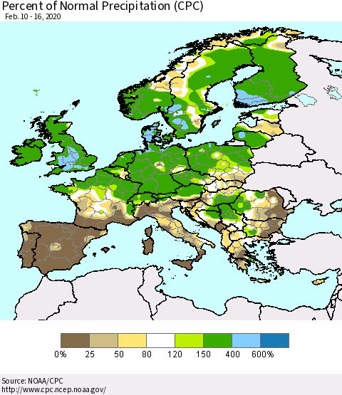 Europe Percent of Normal Precipitation (CPC) Thematic Map For 2/10/2020 - 2/16/2020