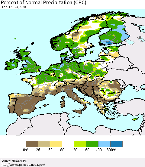 Europe Percent of Normal Precipitation (CPC) Thematic Map For 2/17/2020 - 2/23/2020