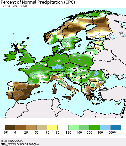 Europe Percent of Normal Precipitation (CPC) Thematic Map For 2/24/2020 - 3/1/2020