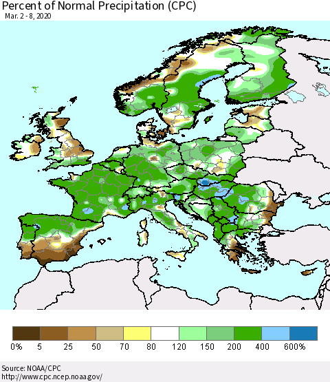 Europe Percent of Normal Precipitation (CPC) Thematic Map For 3/2/2020 - 3/8/2020