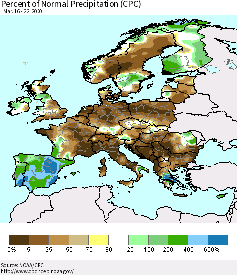 Europe Percent of Normal Precipitation (CPC) Thematic Map For 3/16/2020 - 3/22/2020