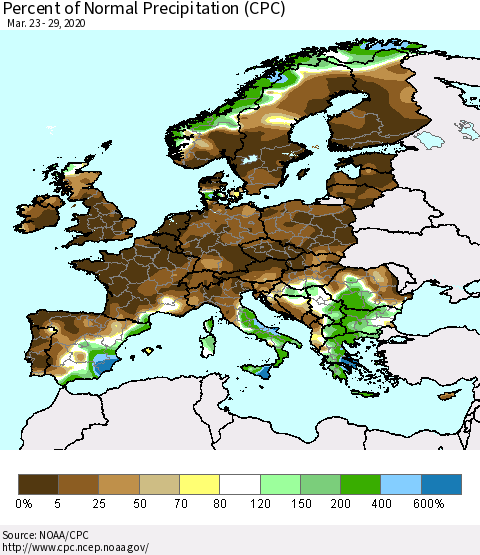 Europe Percent of Normal Precipitation (CPC) Thematic Map For 3/23/2020 - 3/29/2020