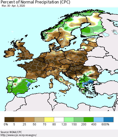Europe Percent of Normal Precipitation (CPC) Thematic Map For 3/30/2020 - 4/5/2020
