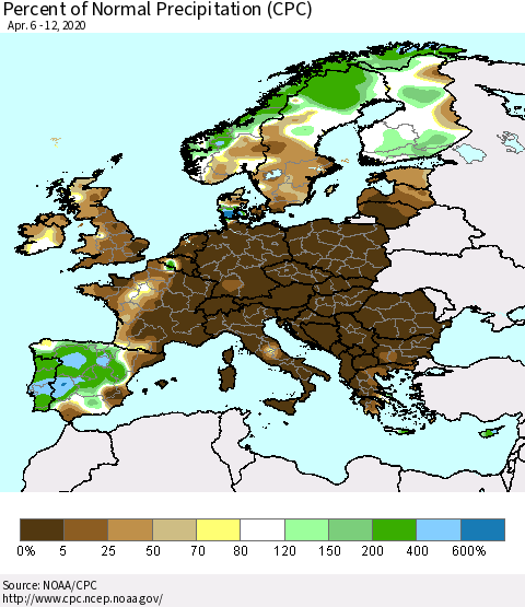 Europe Percent of Normal Precipitation (CPC) Thematic Map For 4/6/2020 - 4/12/2020