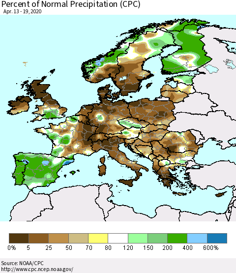 Europe Percent of Normal Precipitation (CPC) Thematic Map For 4/13/2020 - 4/19/2020
