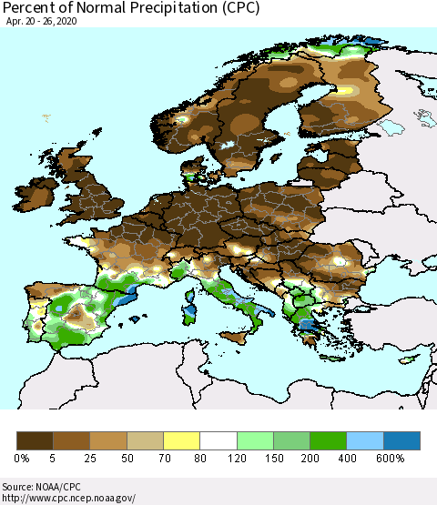 Europe Percent of Normal Precipitation (CPC) Thematic Map For 4/20/2020 - 4/26/2020