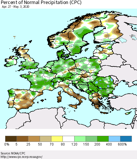 Europe Percent of Normal Precipitation (CPC) Thematic Map For 4/27/2020 - 5/3/2020