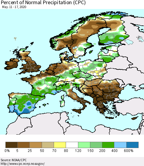 Europe Percent of Normal Precipitation (CPC) Thematic Map For 5/11/2020 - 5/17/2020