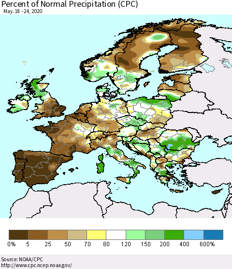 Europe Percent of Normal Precipitation (CPC) Thematic Map For 5/18/2020 - 5/24/2020