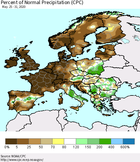 Europe Percent of Normal Precipitation (CPC) Thematic Map For 5/25/2020 - 5/31/2020