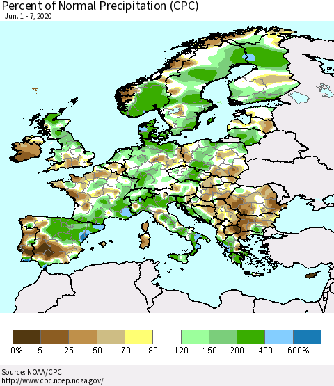 Europe Percent of Normal Precipitation (CPC) Thematic Map For 6/1/2020 - 6/7/2020