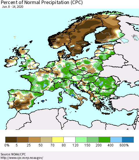 Europe Percent of Normal Precipitation (CPC) Thematic Map For 6/8/2020 - 6/14/2020