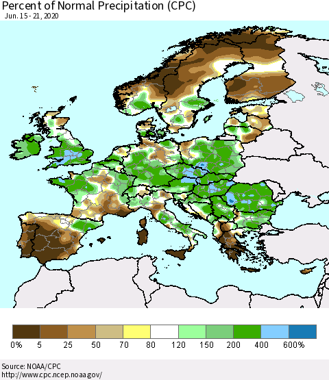 Europe Percent of Normal Precipitation (CPC) Thematic Map For 6/15/2020 - 6/21/2020