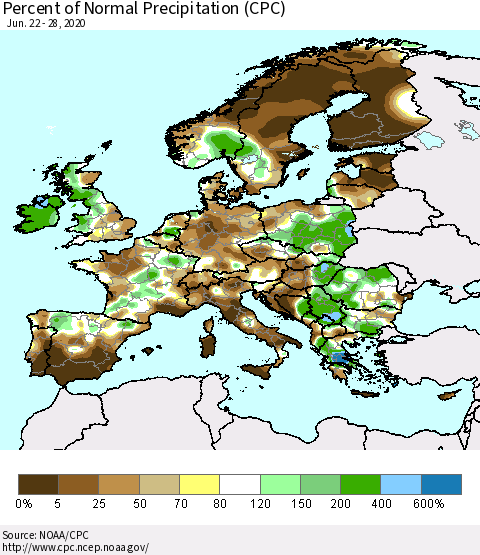 Europe Percent of Normal Precipitation (CPC) Thematic Map For 6/22/2020 - 6/28/2020