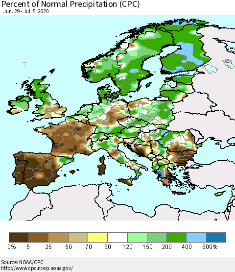 Europe Percent of Normal Precipitation (CPC) Thematic Map For 6/29/2020 - 7/5/2020