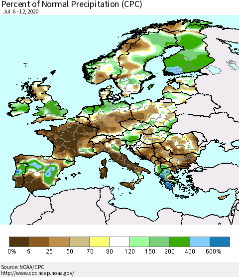 Europe Percent of Normal Precipitation (CPC) Thematic Map For 7/6/2020 - 7/12/2020
