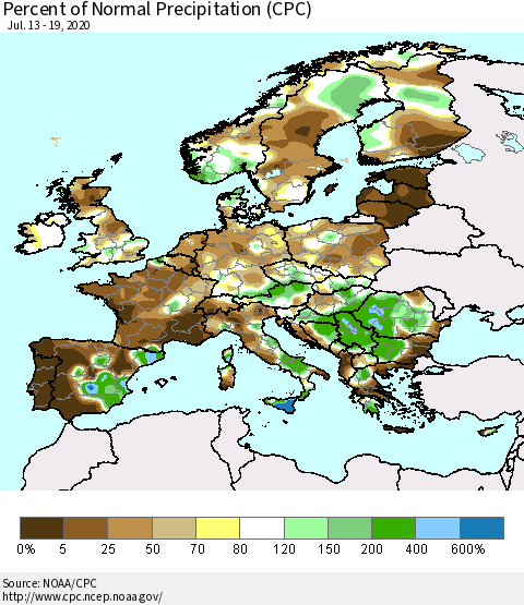 Europe Percent of Normal Precipitation (CPC) Thematic Map For 7/13/2020 - 7/19/2020