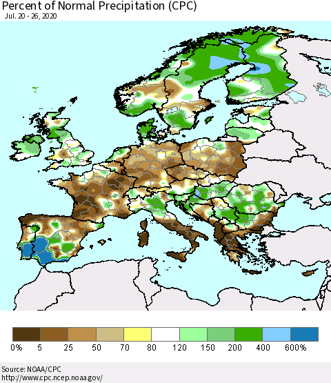 Europe Percent of Normal Precipitation (CPC) Thematic Map For 7/20/2020 - 7/26/2020