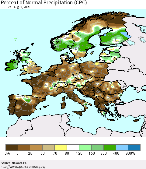 Europe Percent of Normal Precipitation (CPC) Thematic Map For 7/27/2020 - 8/2/2020