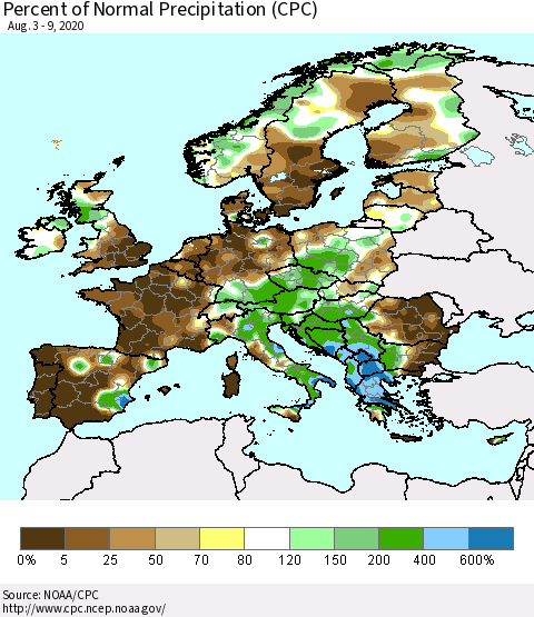 Europe Percent of Normal Precipitation (CPC) Thematic Map For 8/3/2020 - 8/9/2020