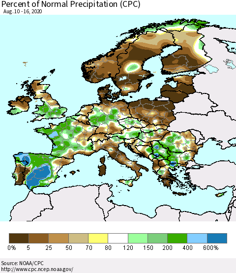 Europe Percent of Normal Precipitation (CPC) Thematic Map For 8/10/2020 - 8/16/2020