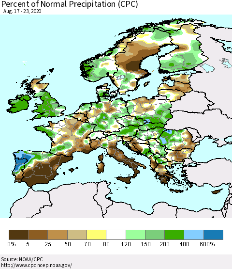 Europe Percent of Normal Precipitation (CPC) Thematic Map For 8/17/2020 - 8/23/2020