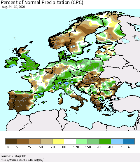 Europe Percent of Normal Precipitation (CPC) Thematic Map For 8/24/2020 - 8/30/2020
